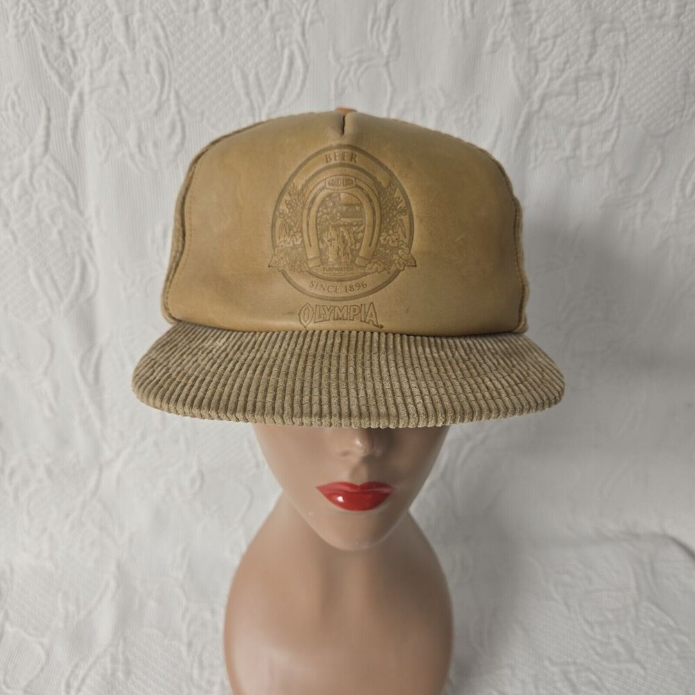 Vintage Olympia Beer Corduroy With Leather Trucker Hat Rare 80s - Picture 1 of 7